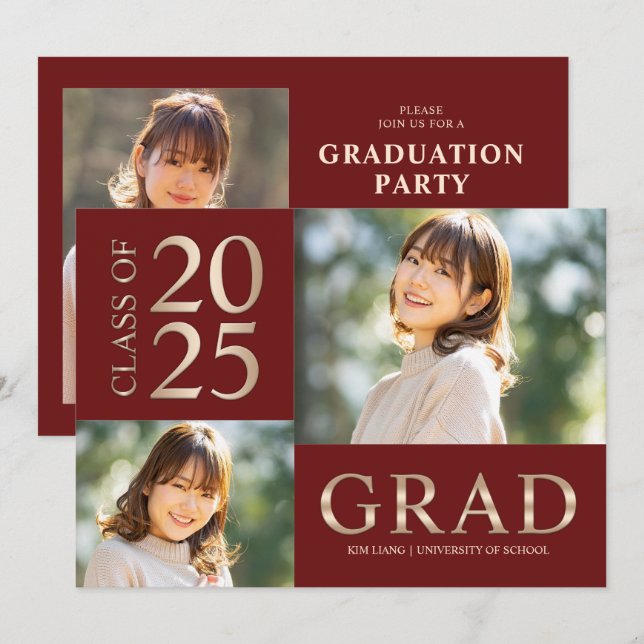 Convites 3 Festa de formatura Vermelho e bege de Colagem de (Frente/Verso)