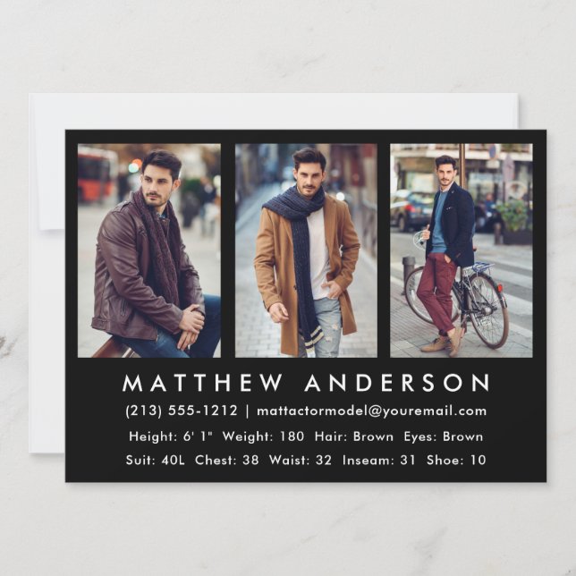 Convites 3 fotografar modelo de ator Comp Card preto (Frente)