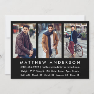 Convites 3 fotografar modelo de ator Comp Card preto