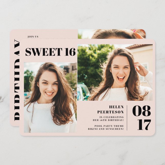 Convites 3 fotos ousadas, cor-de-rosa, doce 16 anos (Frente/Verso)
