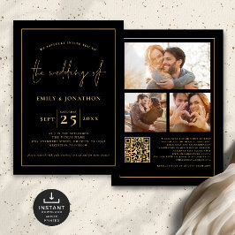 Convites 3 Fotos Script Linha QR Código Dourado Casamento P