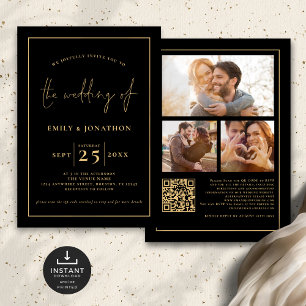 Convites 3 Fotos Script Linha QR Código Dourado Casamento P