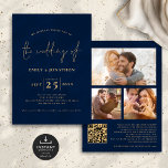 Convites 3 Fotos Script QR Código Marinho Azul Dourado Casa<br><div class="desc">Casamento Dourado Azul do Código QR Marinho 3 Fotos Minimalistas Script. Disponível digitalmente e impresso. elegância clássica em marinho e ouro com este design de texto. O Casamento de está em um roteiro de na moda, e o resto das palavras que você pode personalizar facilmente. Substitua as três fotos no...</div>