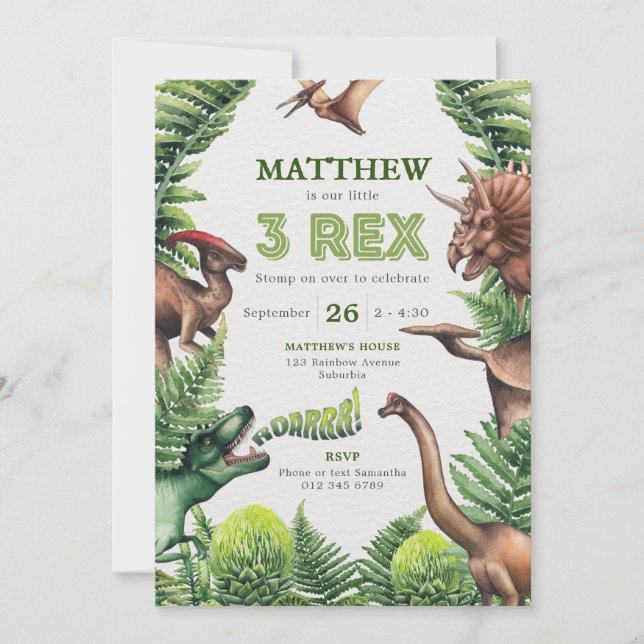 Convites 3-Rex Aquarela T-Rex & Dinossauros Aniversário de  (Frente)
