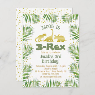 Convites 3 Rex Dinossaur Tropical Greenery Boy aniversário