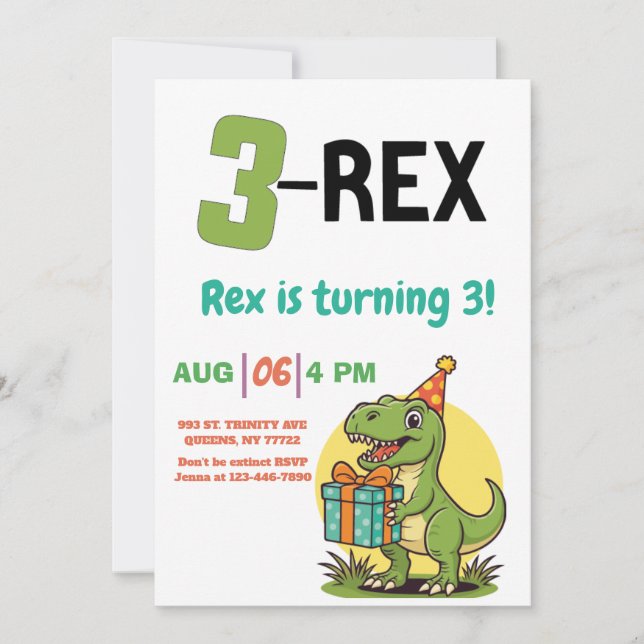 Convites 3-Rex Dinossauro, Festa de 3-Rex (Frente)
