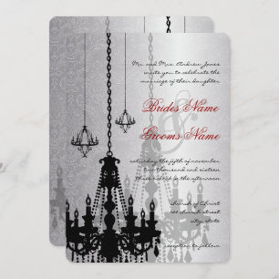 Convites 3 Silver & Black Chandeliers Damask Wedding Invite