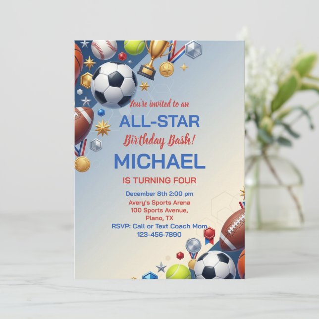 Convites 3D Sports Champion All Star Birthday Party (Em pé/Frente)