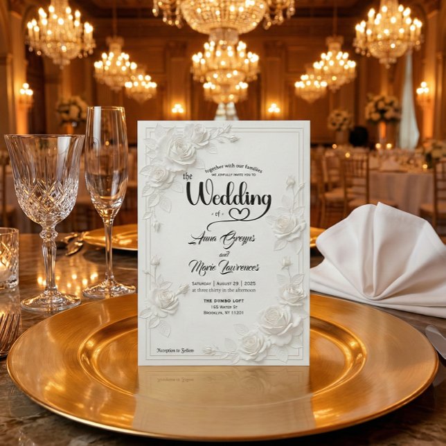 Convites 3D White Rose Floral Border Wedding Invitation (Criador carregado)