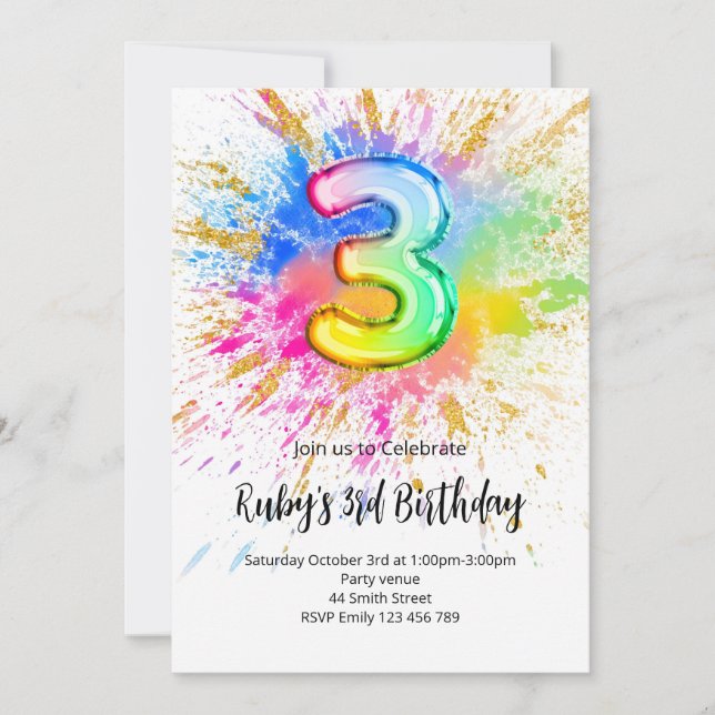 Convites 3rd Birthday Rainbow Paint Splash Invitation (Frente)