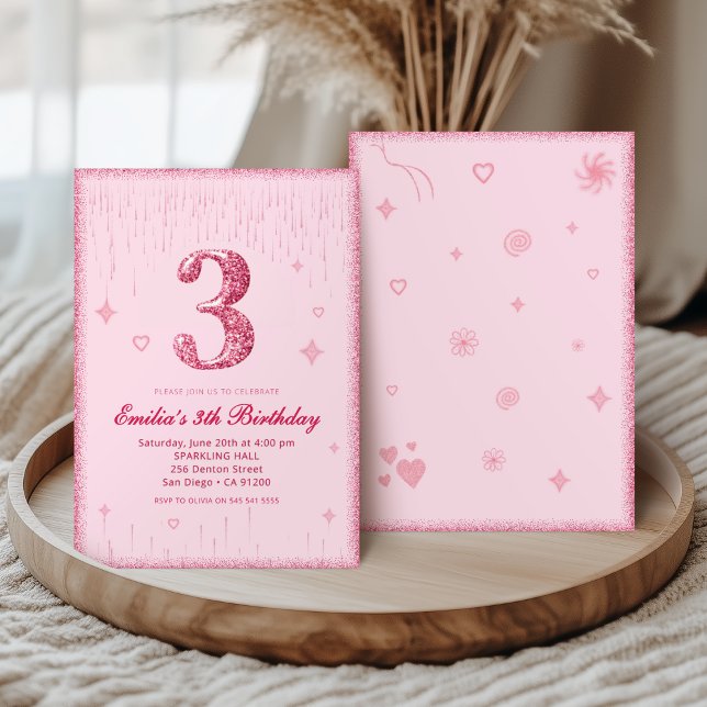 Convites 3rd Pink Glitter Birthday | Sparkle Glitter  (Criador carregado)