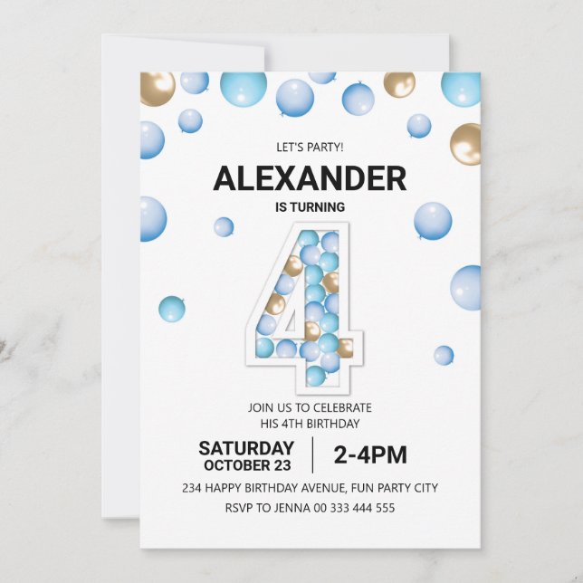 Convites 4ª festa de aniversário, Blue and Dourado Balloon  (Frente)