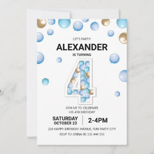 Convites 4ª festa de aniversário, Blue and Dourado Balloon 