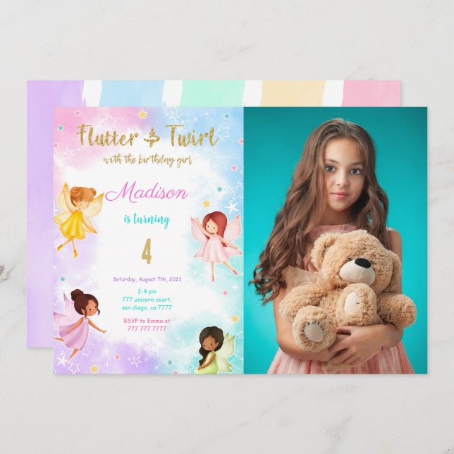 Convites 4ª Foto de Festa de aniversário de Fada de Anivers (Frente/Verso)