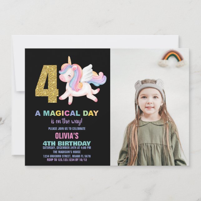 Convites 4ª foto do Rainbow Unicorn Birthday Invtions (Frente)