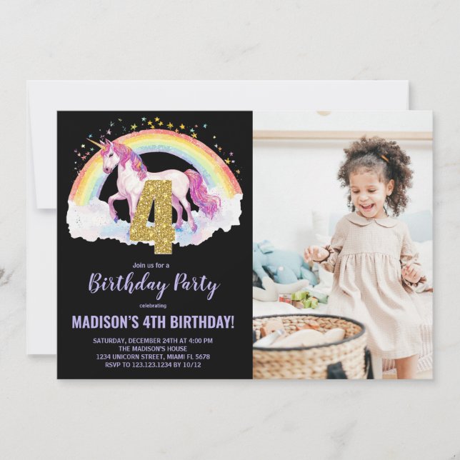Convites 4ª foto do Rainbow Unicorn Birthday Invtions (Frente)