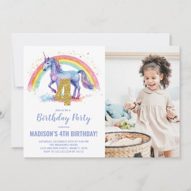 Convites 4ª foto do Rainbow Unicorn Birthday Invtions (Frente)