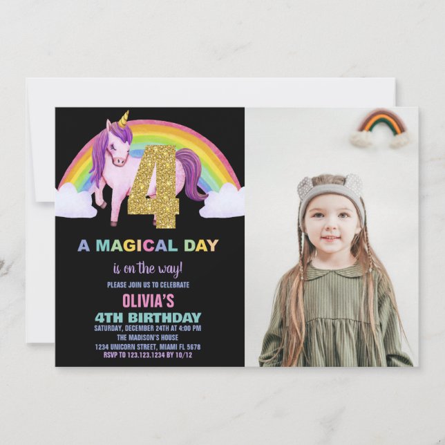 Convites 4ª foto do Rainbow Unicorn Birthday Invtions (Frente)