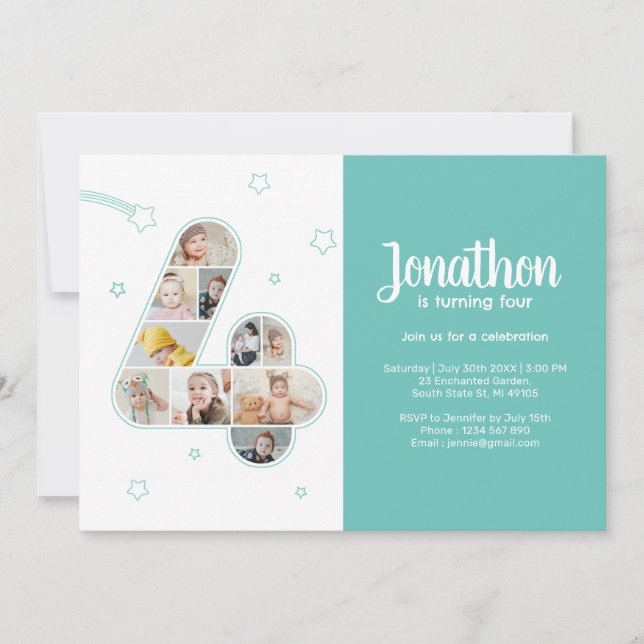 Convites 4º Aniversário da Festa Nº 4 Colagem Personalizada (Frente)