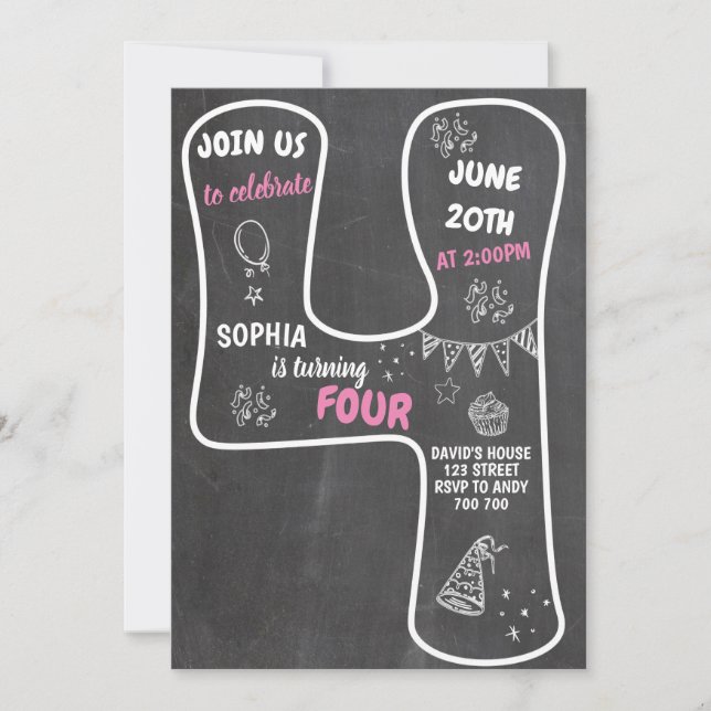 Convites 4º aniversário Menina Qualkboard Número Rosa (Frente)