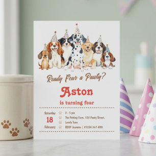 Convites 4º Aniversário Pronto para uma Festa Tema Cachorri