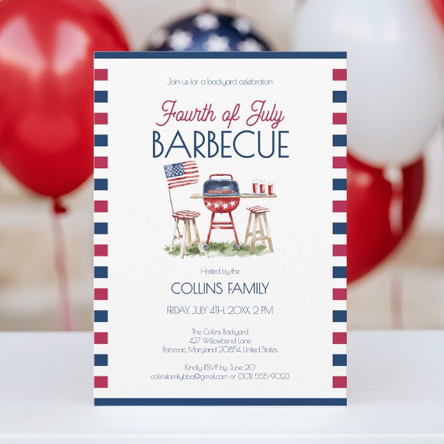 Convites 4º de julho Barbecue Watercolor Flag Party Summer  (4th of July Barbecue Watercolor Flag Summer Party Invitation)