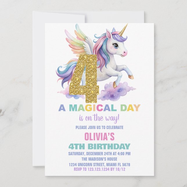 Convites 4º Rainbow Unicorn Birthday Invances Fly (Frente)