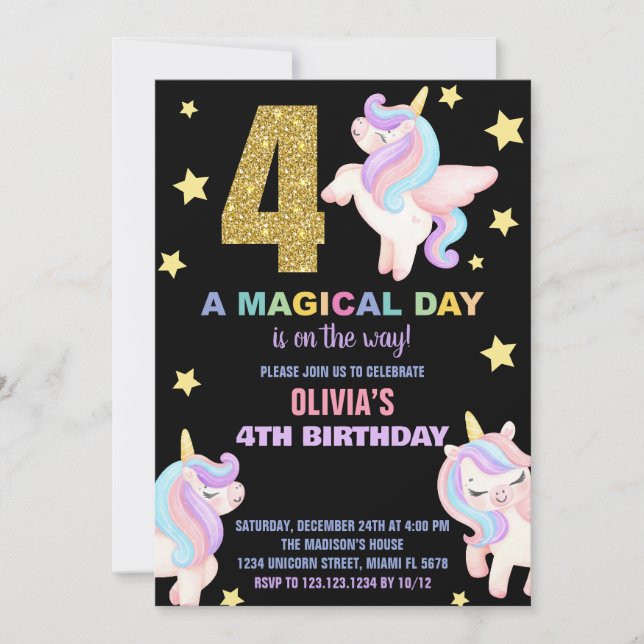 Convites 4º Rainbow Unicorn Birthday Invances Fly (Frente)
