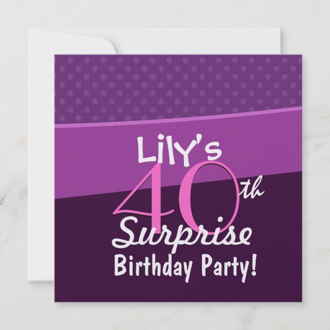 Convites 40ª Bolinhas Surprise Birthday Purple W1677 (Frente)