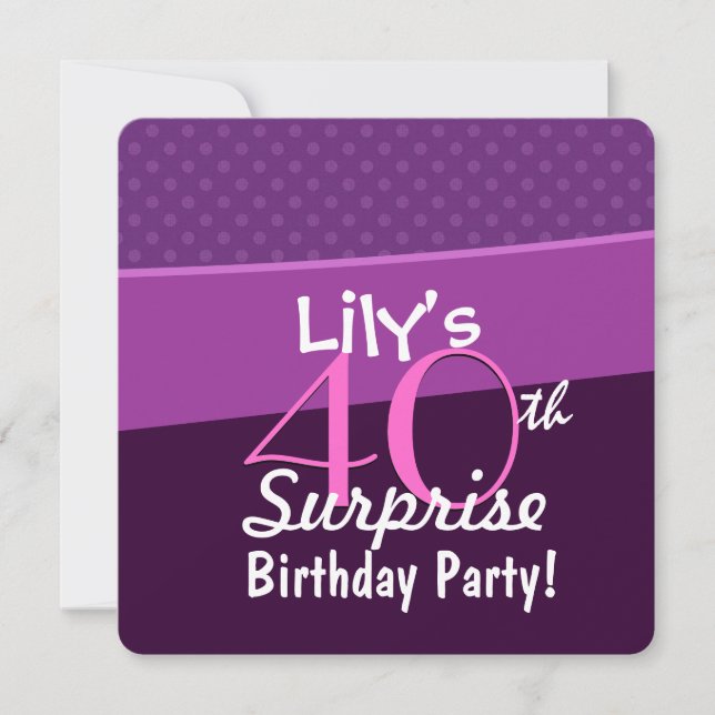 Convites 40ª Bolinhas Surprise Birthday Purple W1677 (Frente)