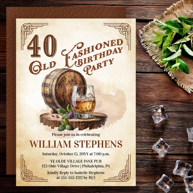 Convites 40ª Festa de Aniversário de Barril de Whisky ao Mo (Old Fashioned whiskey barrel 40th birthday invitation vintage masculine style)