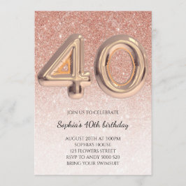 Convites 40ª mulher Rosa de aniversário Dourada Elegante