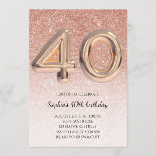 Convites 40ª mulher Rosa de aniversário Dourada Elegante