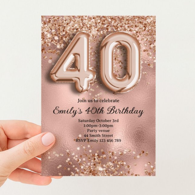 Convites 40º Aniversário Brilho Dourado Rosa (Criador carregado)