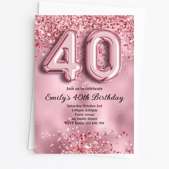 Convites 40º Aniversário Brilho Rosa (Criador carregado)