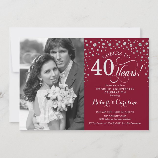 Convites 40º Aniversário de Casamento com Foto - Vermelho P (Frente)