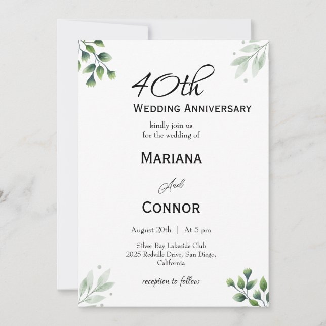 Convites 40º aniversário de casamento da Green Leaf (Frente)