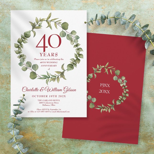 Convites 40º Aniversário de Casamento de Rubi Elegante Grin (40th Ruby Wedding Anniversary Elegant Garland Invitation)