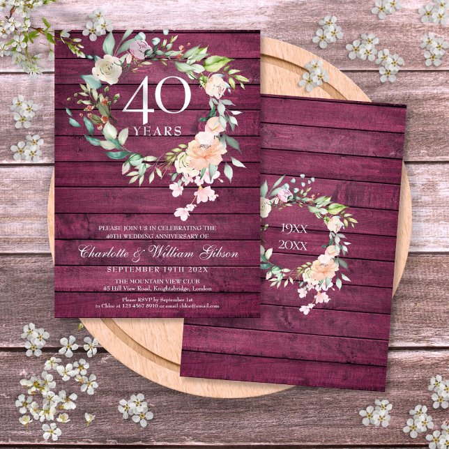 Convites 40º Aniversário de Casamento Floral em Madeira Ver (40th Ruby Red Wood Floral Wedding Anniversary Invitation)