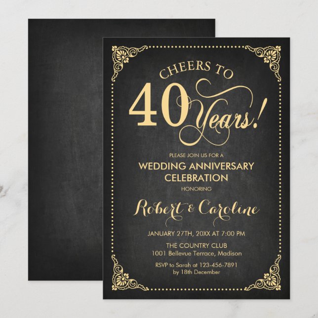 Convites 40º Aniversário de Casamento - Quadro Negro Dourad (Frente/Verso)