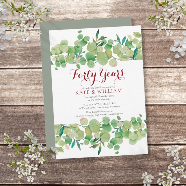 Convites 40º Aniversário de Casamento Rubi Chic Greenery (40th Ruby Wedding Anniversary Chic Greenery Invitation)