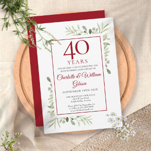 Convites 40º Aniversário de Casamento Rubi Elegante Folhage