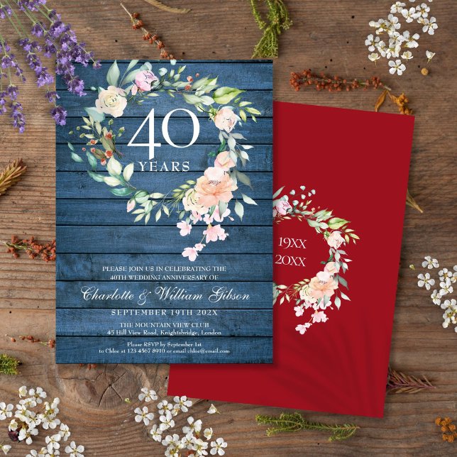 Convites 40º Aniversário de Casamento Rubi Floral Rústico A (40th Ruby Wedding Anniversary Blue Rustic Floral Invitation)