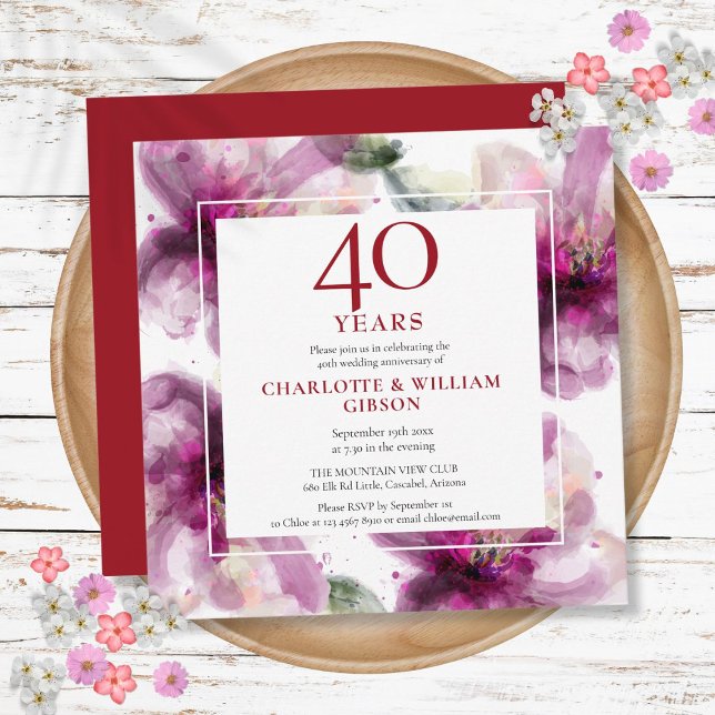 Convites 40º Aniversário do Casamento Ruby Watercolor Flora (40th Ruby Wedding Anniversary Watercolor Floral Invitation)