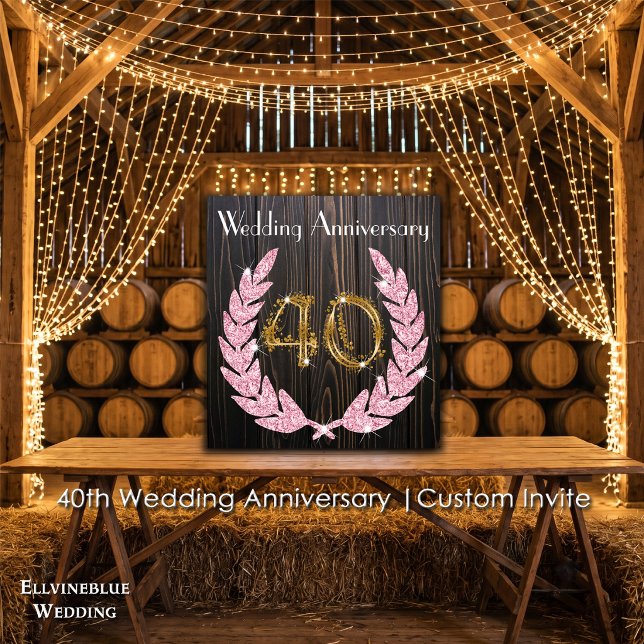 Convites 40º Aniversário | Madeira Rústica, Rubi & Dourado (40th Wedding Anniversary Invite | Rustic Wood & Ruby Laurel. Size: 5.25” x 5.25”)