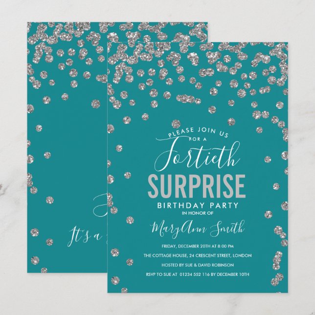 Convites 40º Aniversário Surpresa Teal Silver (Frente/Verso)