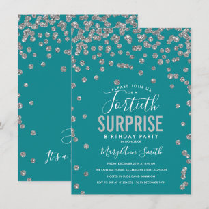 Convites 40º Aniversário Surpresa Teal Silver