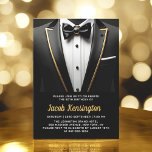 Convites 40º Evento de aniversário de Tuxedo preto e Dourad<br><div class="desc">Comemore em estilo com este Convite de Aniversário de Tuxedo, Preto e Dourado, exuando elegância e sofisticação. O fundo preto elegante e os sotaques dourados que brilham dão o tom para um caso luxuoso, perfeito para uma celebração de marco. Com seu refinado design, inspirado em tuxedo, esse convite capta a...</div>