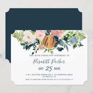 Convites 40º Festa de aniversário moderna floral marinha aq