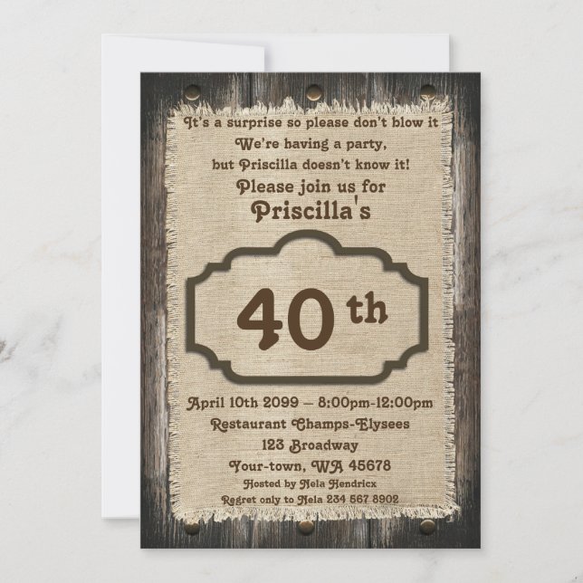 Convites 40º,Festa de aniversário, qualquer idade, madeira, (Frente)